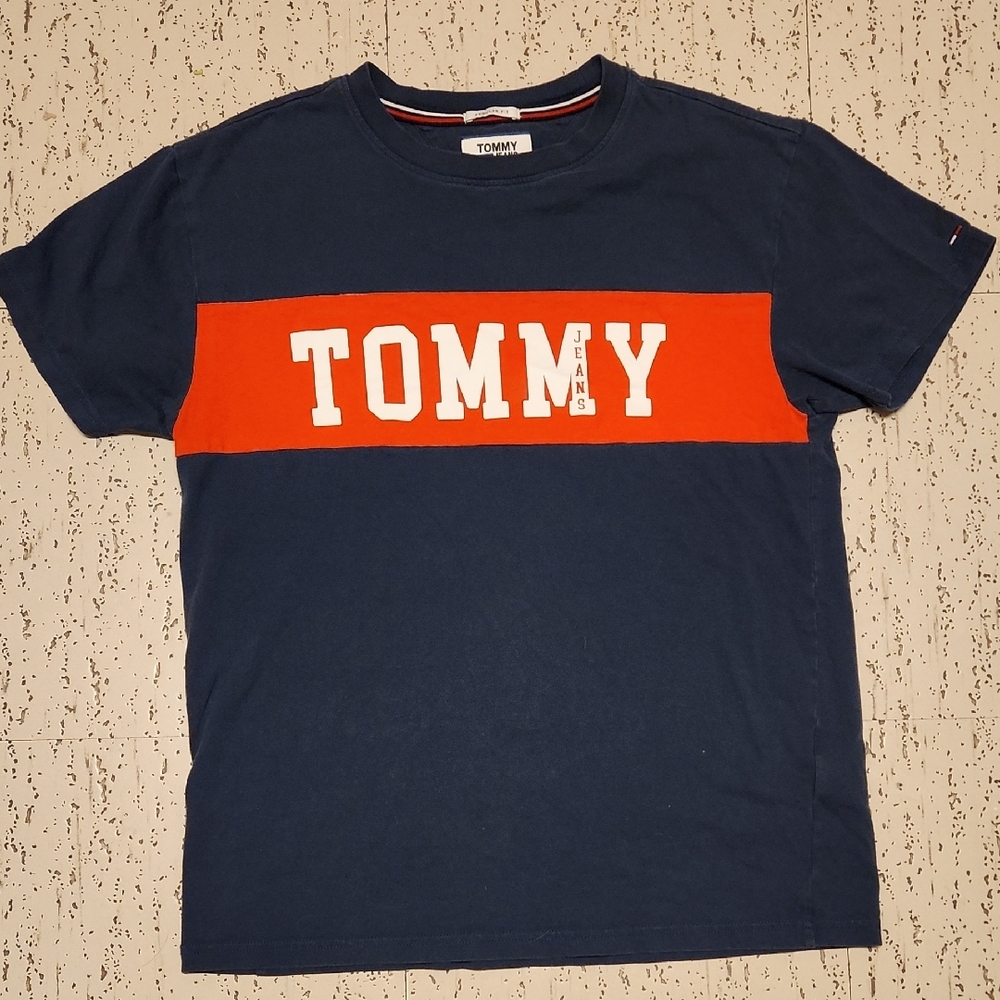 Tommy Hilfiger Jeans Stripe Spell Out Logo T Shirt Vintage Y2K Blue, Red & White